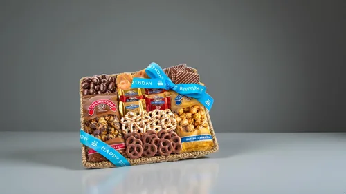 Vista 3 de A Gift Inside Gran Cesta de Regalo de Cumpleaños de Chocolate Caramelo y Crujiente con Aperitivos, Pretzels, Ghirardelli y Nueces Cubiertas