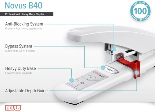 Vista 5 de Novus Engrapadora resistente B40, capacidad para 100 hojas, antiatascos, profundidad de grapado de 2.25 pulgadas con guía ajustable, derivación
