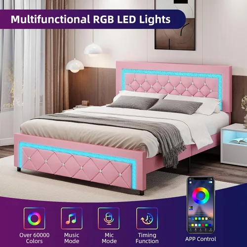 Vista 5 de BarnFurin Base de cama Queen con luces LED, plataforma tapizada con cabecera capitonada de diamante, no necesita somier, sin ruido, fácil montaje