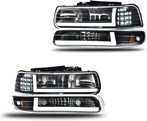 Vista 14 de G-PLUS Conjunto de faros, compatible con Chevy Silverado 1999 2000 2001 2002/Se ajusta a Suburban Tahoe 2000-2006 Faros delanteros de parachoques