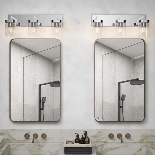 Vista 9 de Lámpara de tocador de baño cromada, accesorios de iluminación de tocador modernos de 3 luces con diseño cuadrado sobre espejo, accesorios