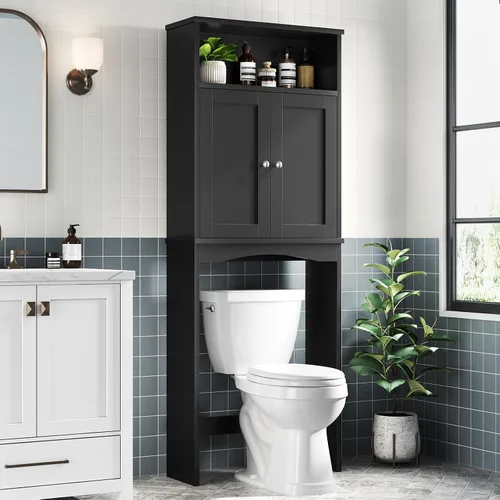 Armario de almacenamiento sobre el inodoro, armario sobre el inodoro para baño con estante interior ajustable y almacenamiento superior abierto Negro