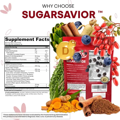 Vista 5 de Sugar Savior Gomitas de Canela de Ceilán con Berberina, Vinagre de Sidra de Manzana, Alcachofa, Cúrcuma, Arándano, Ginseng, Banaba, Melón Amargo