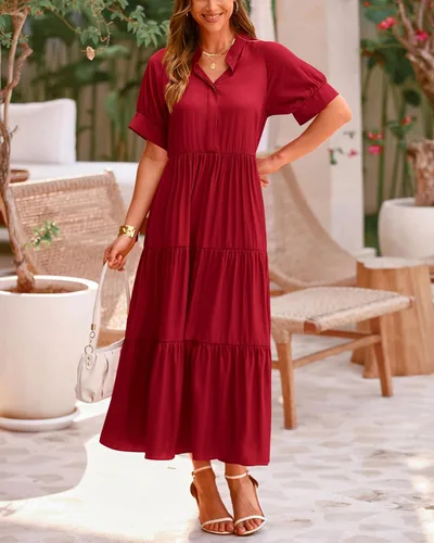 Vista 3 de dowerme Vestidos de verano para mujer, casual, manga corta, con botones, ajuste holgado, plisado, bohemio, fluido, vestido largo para playa