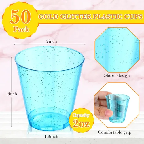 Vista 2 de Tioncy 500 Pack Gold Glitter Plastic Cups 2 oz Plastic Shot Glasses Mini Tasting Cups Neon Plastic Disposable Shot Glasses Party Cups for Wedding