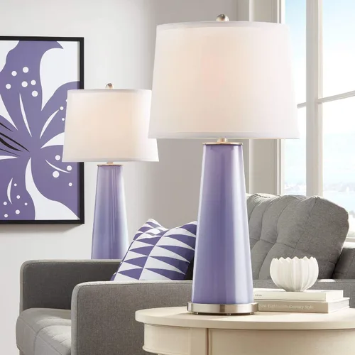 Color + Plus Leo - Juego de 2 lámparas de mesa modernas de 29 1/2 pulgadas de alto, columna cónica de cristal color morado neblina blanca lisa para
