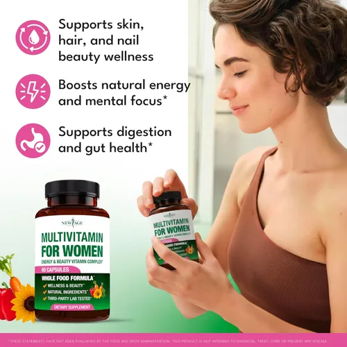 Vista 3 de NEW AGE Multivitamínico para mujer, complejo B, alimentos integrales, soporte para el cabello, hierro, multivitamínico todo en 1 para mujer