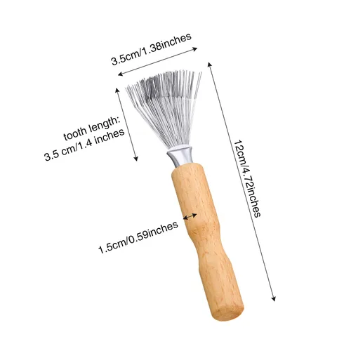 Vista 2 de Boao Limpiador de cepillo de pelo, 2 piezas de mini cepillo removedor de suciedad con rastrillo de alambre de metal, mango de madera para uso