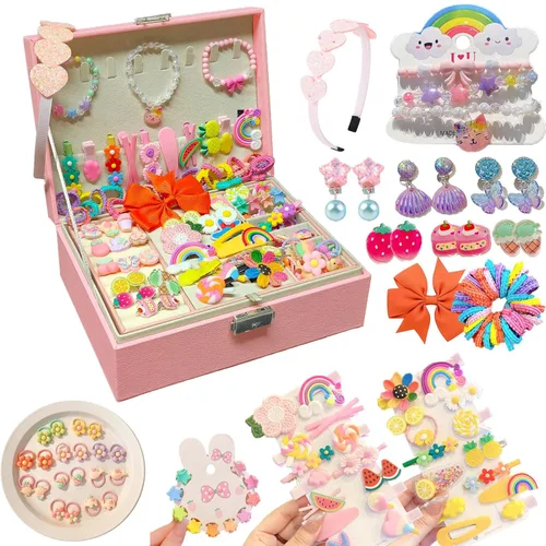 Joyero con accesorios para el cabello para niñas, pinzas para el cabello, pasadores, lazos para el cabello, lazos, anillos de juguete, pulseras,