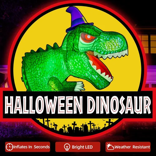 Vista 2 de zukakii Decoraciones inflables de Halloween de 4 pies, dinosaurio al aire libre estallado de la ventana con LED vívido T-Rex integrado inflable
