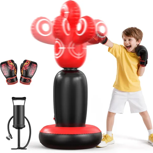 QPAU Saco de boxeo giratorio de 360° para niños, bolsa de boxeo de 64 pulgadas con 4 objetivos y guantes de boxeo para niños, sacos de boxeo