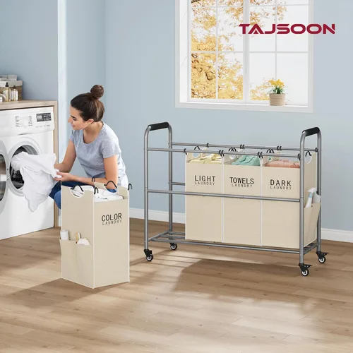 Vista 2 de Tajsoon Carrito clasificador de ropa sucia de 4 bolsas, clasificador de cestas de lavandería de 4 secciones con ruedas enrollables resistentes