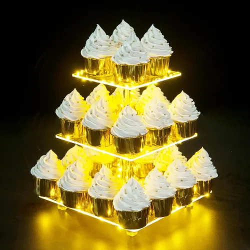 Vista 15 de Soporte para Cupcakes, Portacupcakes Cuadrado de 4 Niveles con Tira de Luces LED, Exhibidor de Torre Acrílica para Cupcakes-Torre de Postres-Soporte