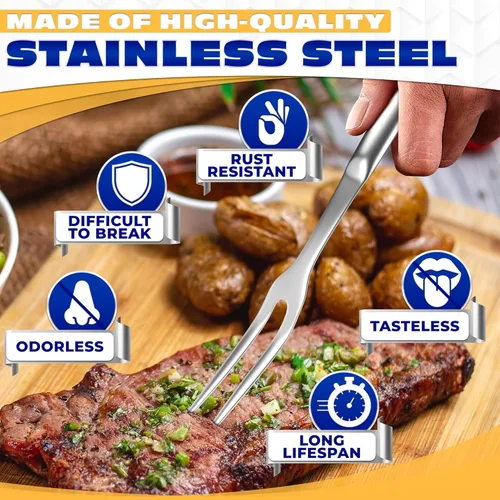 Vista 3 de Tenedor para carne de 2 puntas, tenedor de acero inoxidable de 11 pulgadas, de dos puntas, con superficie pulida y mango ergonómico, utensilio