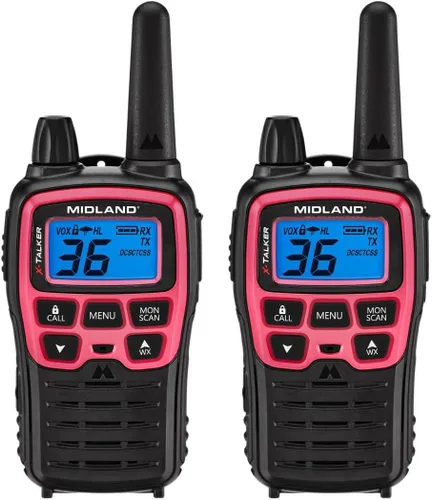 Midland® T71PNK X-TALKER FRS Walkie Talkies con escaneo y alerta del clima NOAA – Radios de dos vías de largo alcance – 36 canales, 121 códigos de