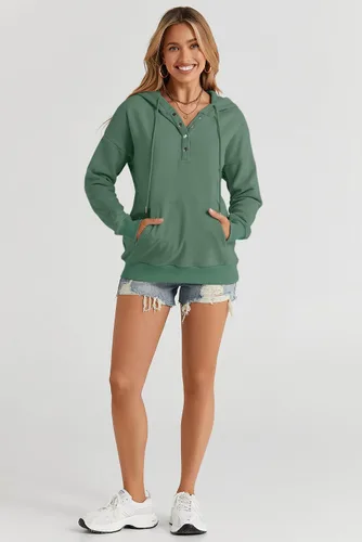 Vista 8 de Dokotoo Sudaderas con Capucha para Mujer 2025 con Cuello de Botón Cordón Ajustable Sudadera con Capucha Pullover Casual de Manga Larga Tops Camisetas
