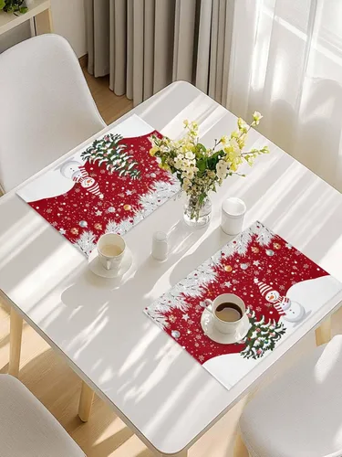Vista 7 de Juego de 6 manteles individuales de Navidad, árbol de Navidad, muñeco de nieve, copos de nieve, agujas de pino, manteles individuales rojos