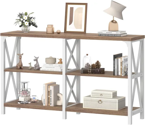 Vista 16 de IBF Mesa de entrada de granja, mesa consola larga rústica detrás del sofá, moderna mesa de sofá de madera de metal con estantes de almacenamiento