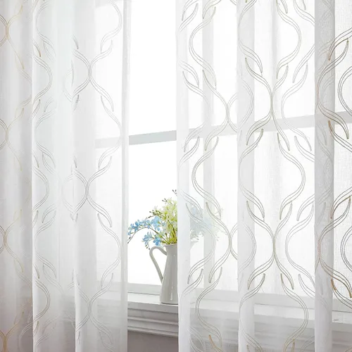 Vista 14 de VISIONTEX Cortinas traslúcidas blancas de 95 pulgadas de largo, juego de 2 paneles de cortinas beige marroquíes bordadas en enrejado, textura