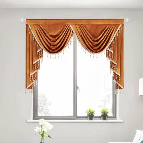 Vista 23 de VOGOL Cenefa de cortinas de terciopelo grueso para dormitorio, cenefas de cascada de lujo con aislamiento térmico dorado para sala de estar formal