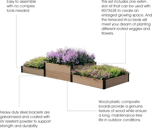 Vista 5 de Everbloom Cama de jardín elevada triple con terraza de 2 niveles con parte inferior abierta, A 114 pulgadas de largo x 36 pulgadas de ancho x 7/14