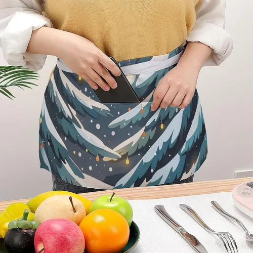 Vista 3 de Server Aprons with 3 Pockets Waist Apron Waterproof Half Apron Winter Pine Plants Short Cooking Aprons Bib