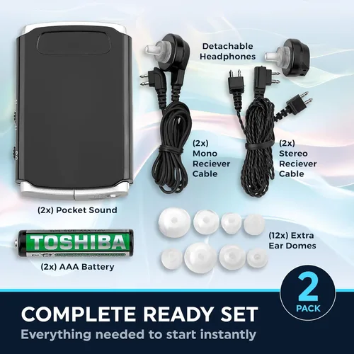 Vista 3 de Amplificador de sonido personal recargable – Paquete de 2, ligero y compacto sonido de bolsillo, dispositivo auditivo de audio con reducción
