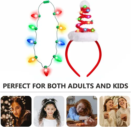 Vista 7 de Farochy Christmas Tree Headband with Light Necklace 2PCS Christmas LED Headband with Christmas Bulb Necklace Santa Headband