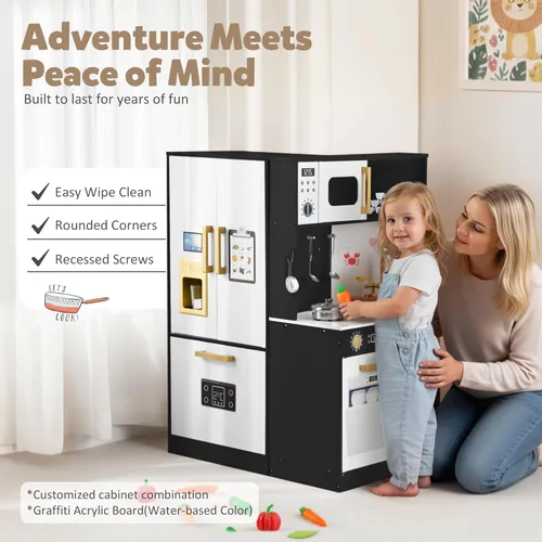 Vista 4 de TODEFULL Play Kitchen Sets for Kids, Pretend Wooden Kids Kitchen Playset, Interactive Toy Kitchen with Freezer, Washing Machine, Ice Maker & Large