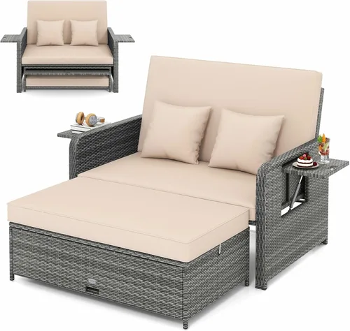 Vista 11 de LDAILY Moccha - Sofá cama para exteriores, sofá biplaza de mimbre con respaldo ajustable de 4 posiciones, otomana de almacenamiento, cojines, Beige