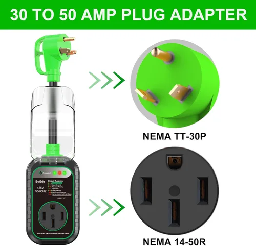 Vista 2 de EyGde Adaptador RV de 30 amperios a 50 amperios con protector de sobretensiones, NEMA TT-30P macho a enchufe hembra 14-50R, analizador de circuitos