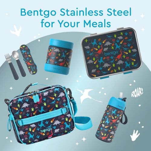 Vista 7 de Bentgo Lonchera de acero inoxidable para niños, resistente a las fugas, 3 compartimentos con recipiente de silicona adicional, duradera, ecológica
