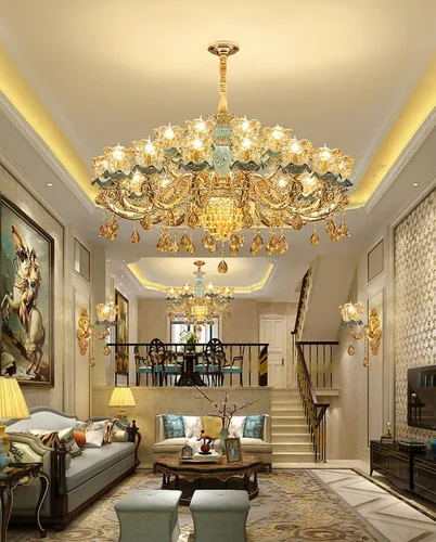 Vista 3 de Tbkoly Candelabro de cristal dorado lámpara colgante de cristal estilo moderno lámpara de araña dorada para sala de estar vestíbulo comedor pasillo