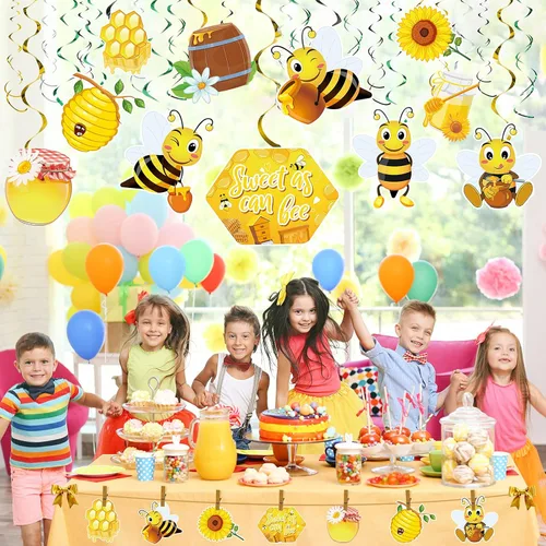 Vista 7 de Outus 30 piezas de decoración de remolinos colgantes de abeja, remolinos colgantes de colmena, serpentinas de techo con temática de abeja