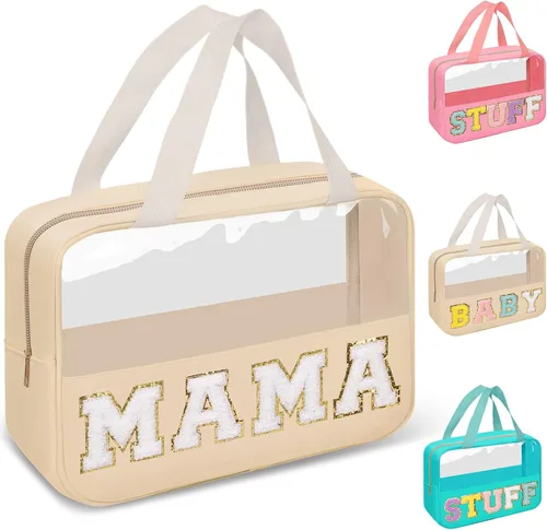 Vista 28 de izuzta Bolsas de maquillaje transparentes tipo tote con letras de chenilla, bolsa de maquillaje preppy con asa, Moda