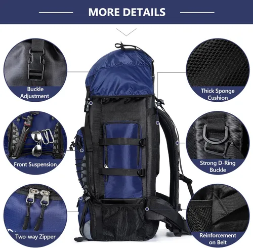 Vista 4 de Mochila de senderismo de 90L, bolsa de camping impermeable con cubierta de lluvia, mochila ligera para mochileros, sin marco