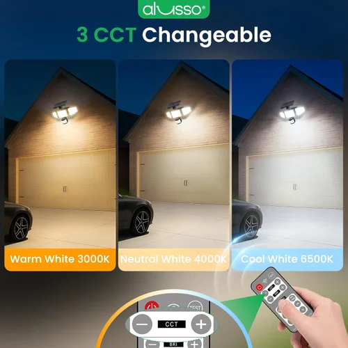 Vista 3 de ALUSSO Luces solares para exteriores con sensor de movimiento, 3000-6500K CCT regulable 3 cabezales de luz de seguridad con control remoto, IP54