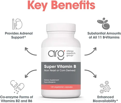 Vista 4 de Allergy Research Group Suplemento de súper vitamina B, complejo de vitamina B para hombres y mujeres, con vitamina B12 y B6, cápsulas vegetarianas