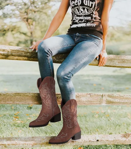 Vista 2 de Vepose Botas vaqueras para mujer 9800 Vaquera de media pantorrilla Botas bordadas occidentales para mujer