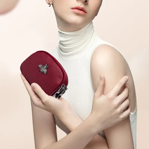 Vista 4 de imeetu Monedero de cuero para mujer, pequeña cartera con 2 bolsillos con cierre de cremallera