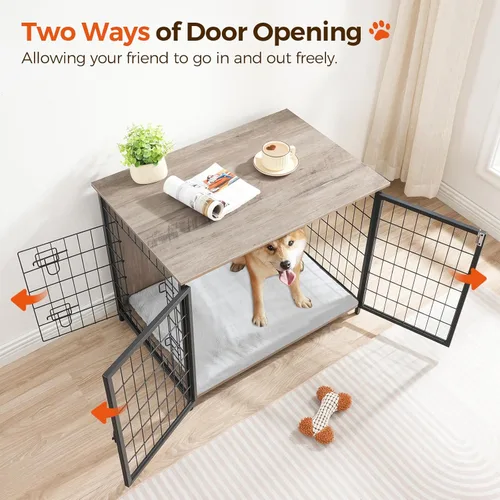 Vista 4 de MAHANCRIS Mueble de jaula para perros con cojín, perrera de madera para perros con puertas dobles, jaula resistente para perros pequeños, medianos