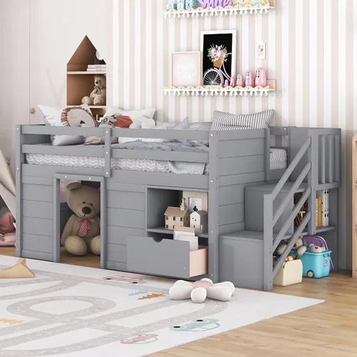 Quarte Moderna cama baja con estante para libros y cajón de almacenamiento, base de cama individual tipo loft con escalera integrada para niños y