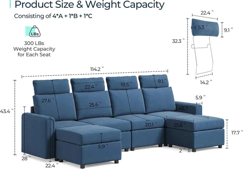 Vista 2 de LINSY HOME Sofá modular modular, sofás de respaldo alto mejorados con 4 reposacabezas, sofá cama en forma de U con asiento de almacenamiento