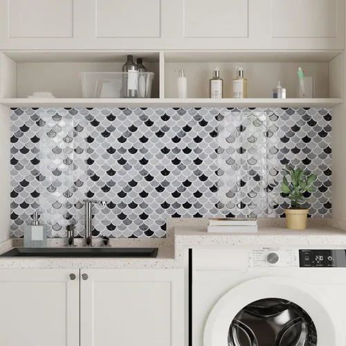 Vista 4 de CRE8TIVE 4 hojas de azulejos adhesivos para salpicaduras de cocina, azulejos adhesivos para salpicaduras en muro de 12 x 12 pulgadas, azulejos Negro