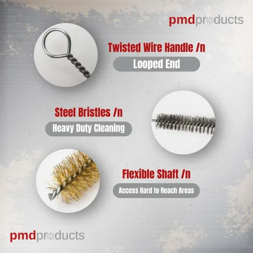 Vista 3 de PMD Products Kit de cepillos de limpieza de tubos de 10 piezas Cepillos de alambre de latón y cepillos de acero inoxidable de 12 pulgadas de largo