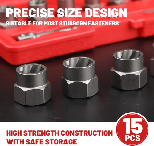Vista 3 de Juego de 15 extractores de pernos, juego de extractor de pernos Easy Out de 3/8'', juego removedor de pernos dañados y extractor de tuercas