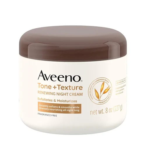 Aveeno Crema de noche renovadora Tone + Texture Body con avena prebiótica, exfolia e hidrata suavemente la piel sensible, suaviza y nutre