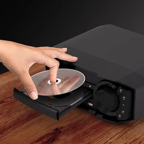 Vista 4 de LyxJam Sistema estéreo Bluetooth para el hogar con reproductor de CD, MP3, USB, entrada de audio, radio FM, altavoz Bass Reflex, 350 vatios, control