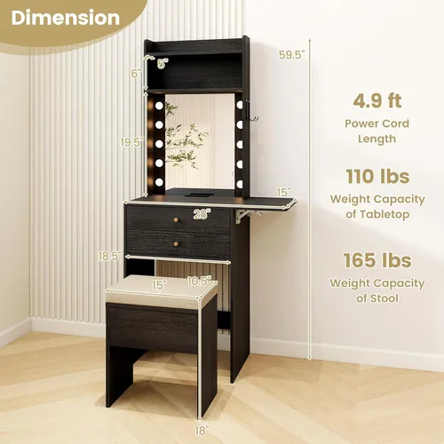 Vista 40 de CHARMAID Juego de mesa de tocador con espejo iluminado, 8 bombillas, cajón grande, estante de almacenamiento de mesa, escritorio moderno