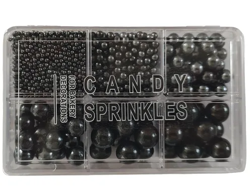 Perlas negras comestibles en 5 tamaños de chispas de azúcar de 4.59 oz/4.6 onzas, 2,4,7,10,12 in, perlas de caramelo para decoración de pasteles y